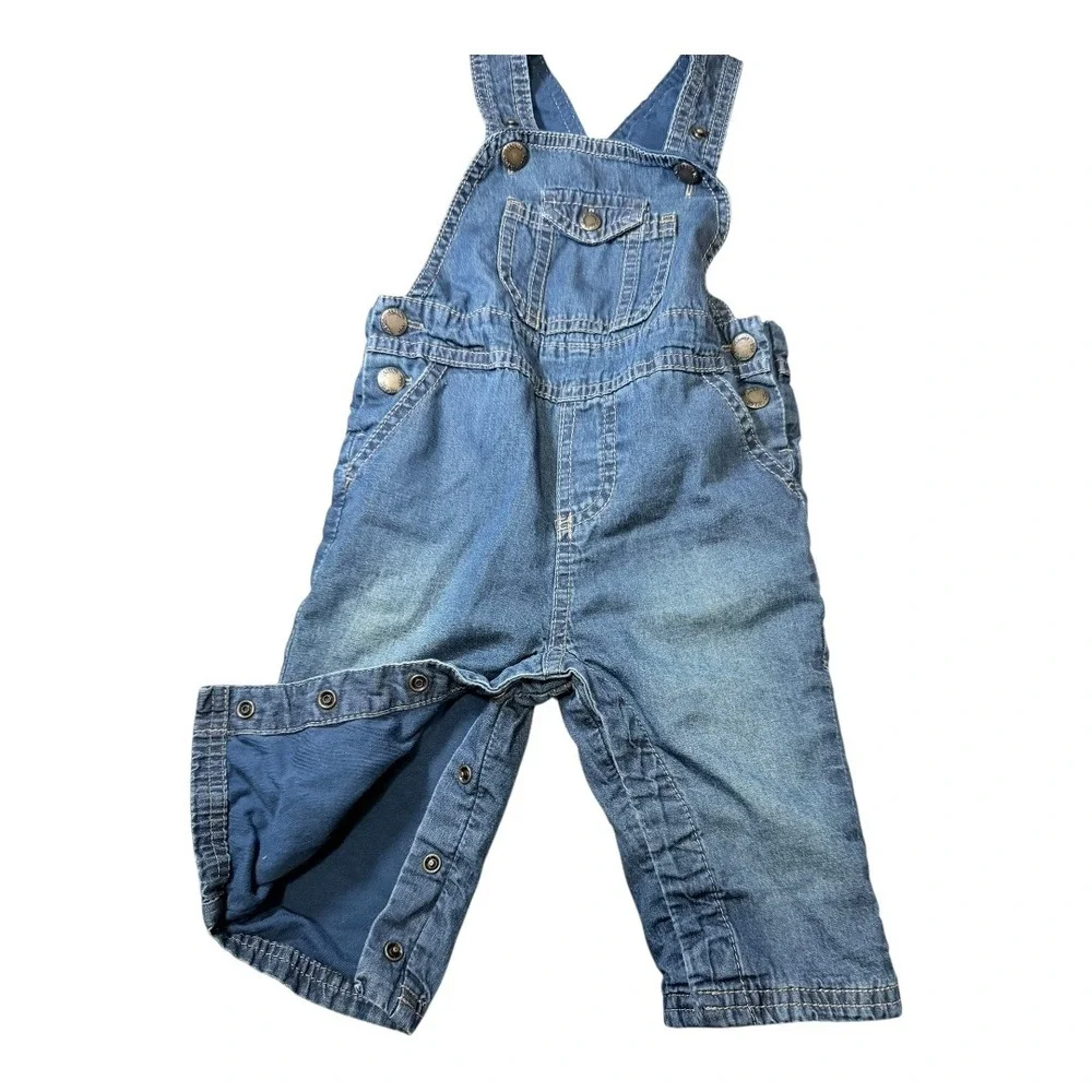 OshKosh Denim Overalls Kids 6-9M Genuine Kids Blue Lined Snap Inseam Bib Overall